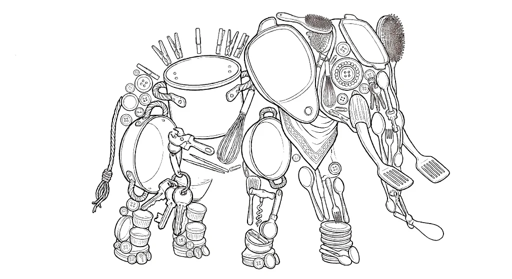 高齢者向け無料塗り絵：Junk Animals ELEPHANT（キッチン雑貨で描いた象・脳トレ・A4印刷用）