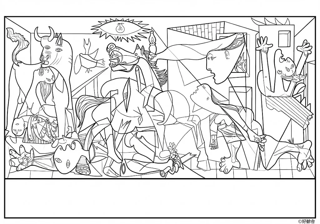 高齢者向け無料塗り絵：世界の名画 ゲルニカ（ピカソ作）モノクロで描かれた力強い抽象画（脳トレ・A4印刷用）