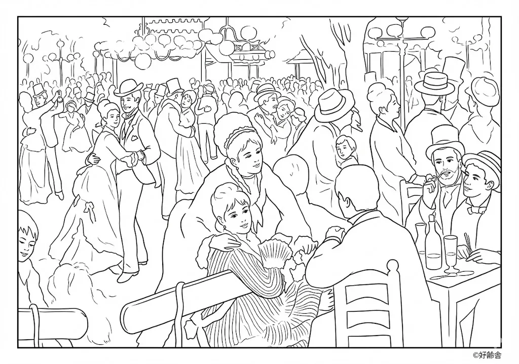 高齢者向け無料塗り絵：世界の名画 ムーラン・ド・ラ・ギャレット