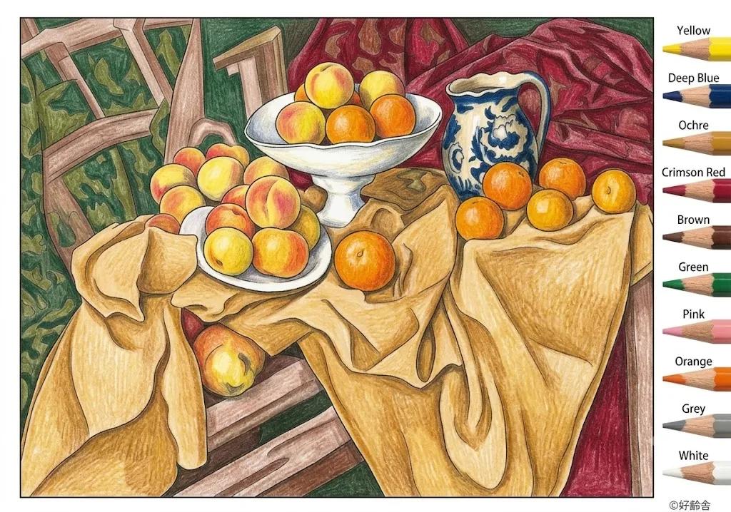 リンゴとオレンジのある静物の塗り絵 完成見本（彩色の見本）