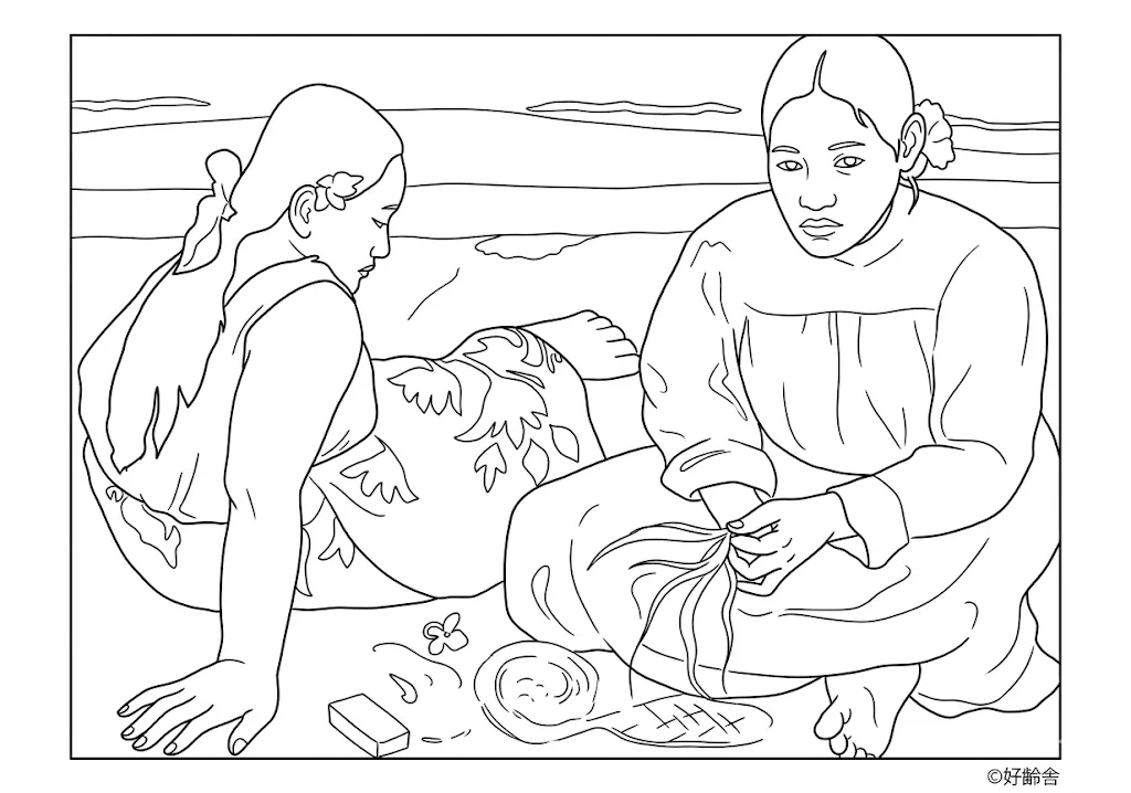 高齢者向け無料塗り絵：世界の名画 タヒチの女（ゴーギャン作）（脳トレ・A4印刷用）