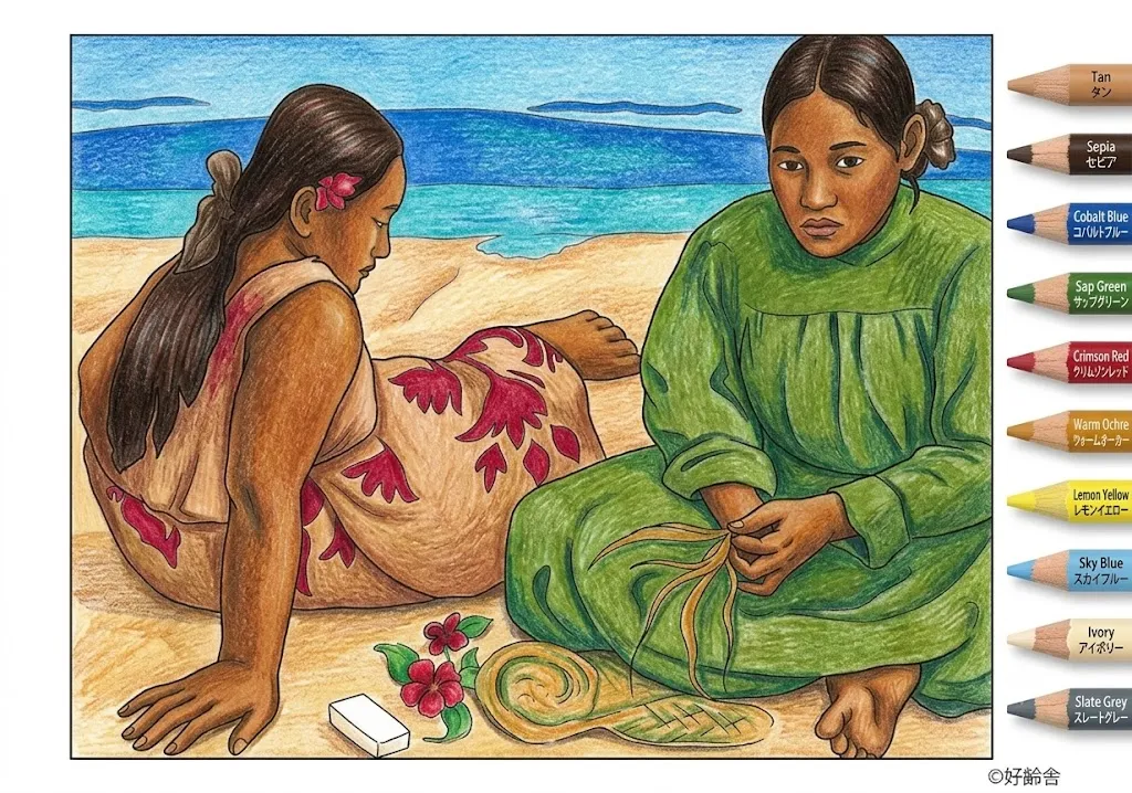 タヒチの女の塗り絵 完成見本（彩色の見本）