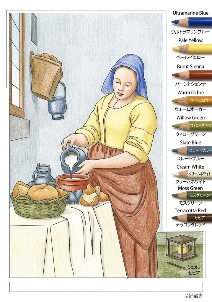 牛乳を注ぐ女の塗り絵 完成見本（彩色の見本）