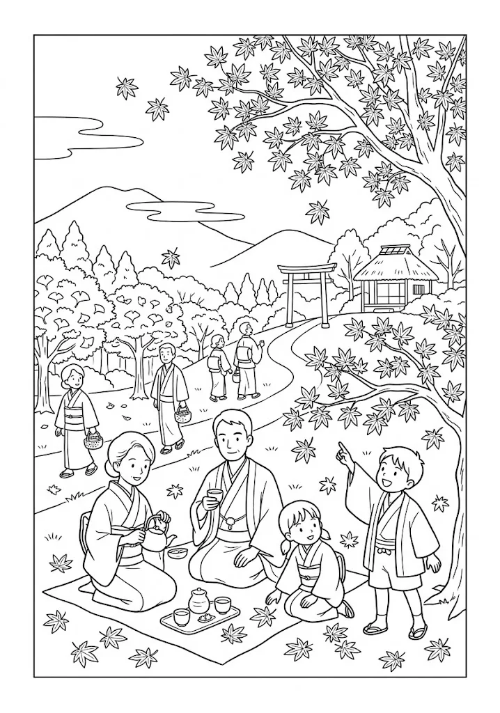 高齢者向け無料塗り絵：着物姿の家族が紅葉の下でお茶を楽しむ、風情ある紅葉狩り、紅葉狩り（脳トレ・A4印刷用）