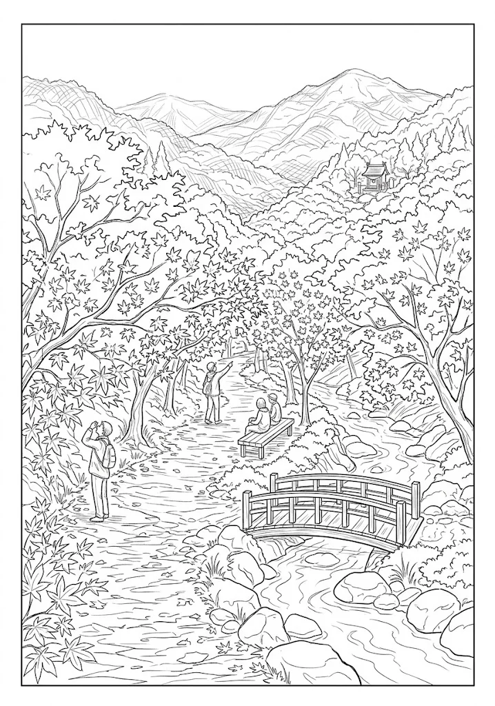 高齢者向け無料塗り絵：渓谷を埋めつくす紅葉と朱塗りの橋を描いた、見応えのある紅葉狩り、紅葉狩り（脳トレ・A4印刷用）