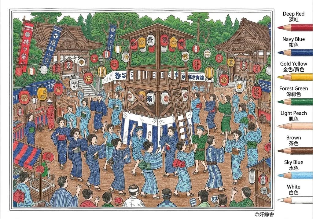 盆踊りの塗り絵 完成見本（彩色の見本）