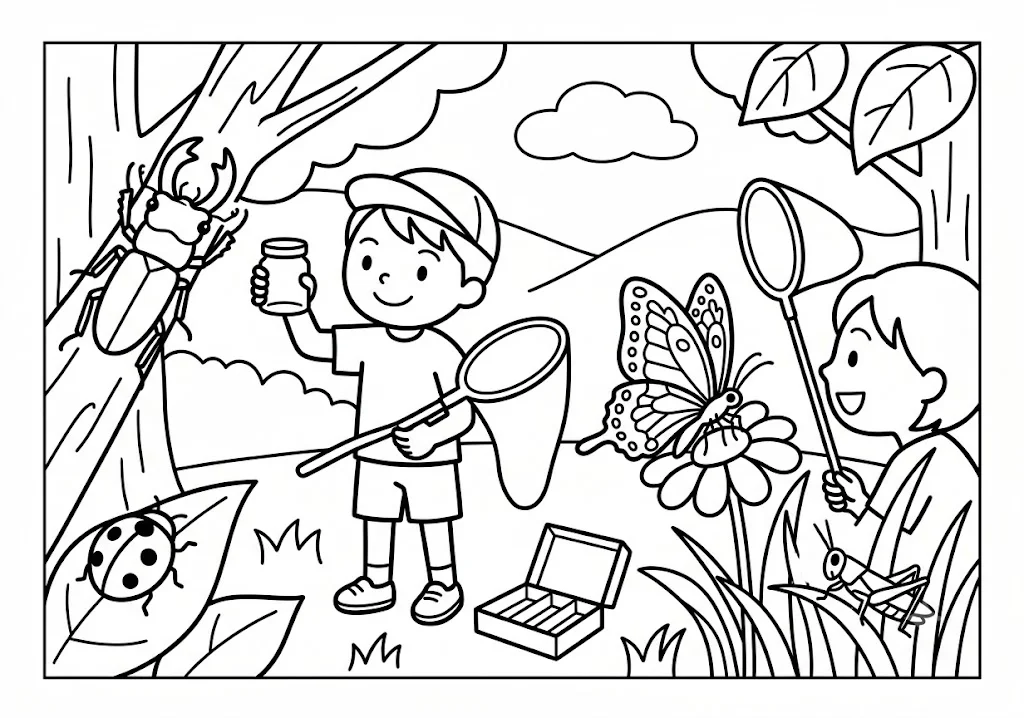 高齢者向け無料塗り絵：虫取り網とビンを持ってクワガタや蝶を探す、夏休みの虫取り（脳トレ・A4印刷用）