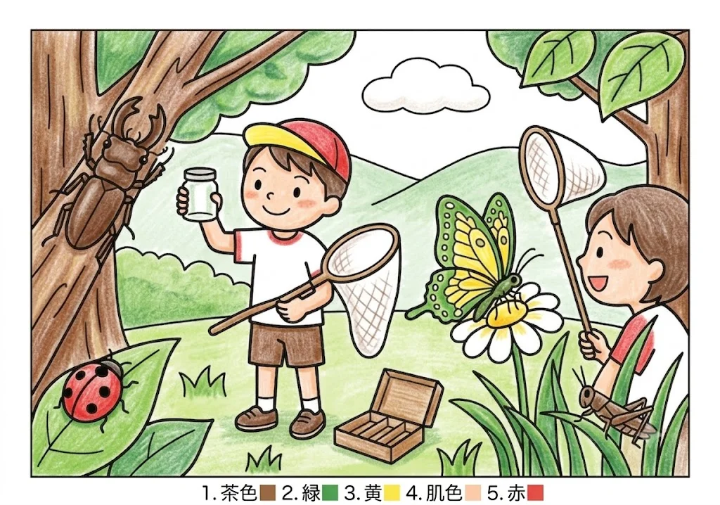 虫取りの塗り絵 完成見本（彩色の見本）