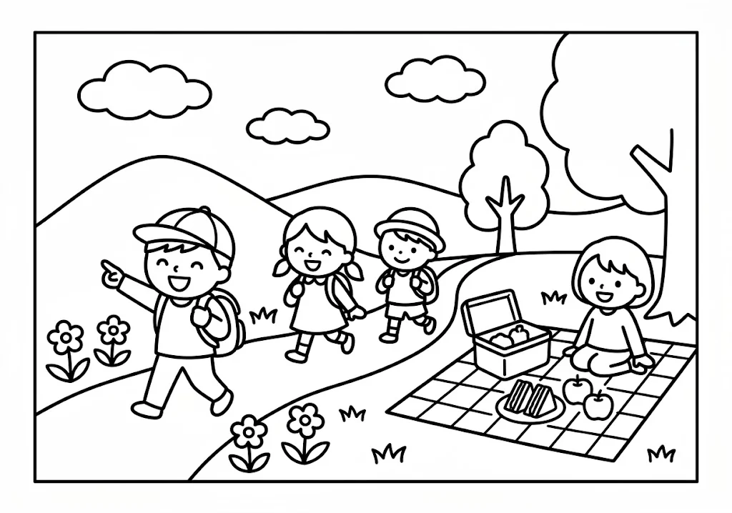 高齢者向け無料塗り絵：お弁当を持って仲間と歩く、わくわくする遠足（脳トレ・A4印刷用）