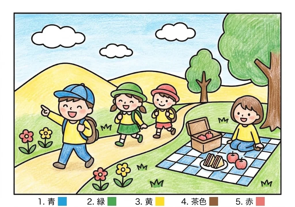 遠足の塗り絵 完成見本（彩色の見本）
