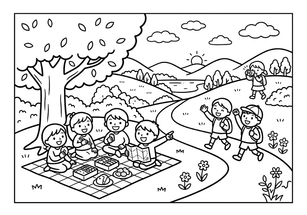 高齢者向け無料塗り絵：お弁当を持って仲間と歩く、わくわくする遠足（脳トレ・A4印刷用）