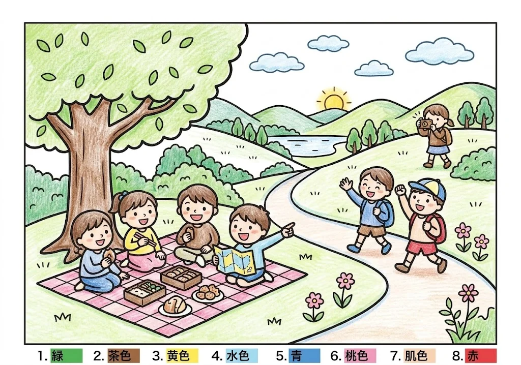 遠足の塗り絵 完成見本（彩色の見本）
