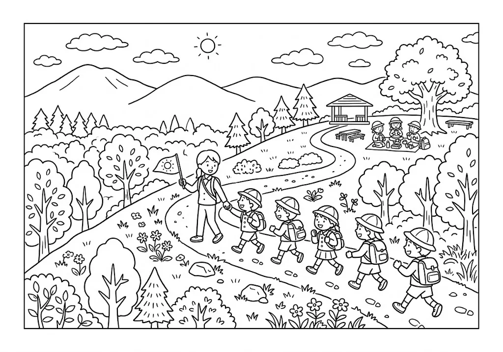 高齢者向け無料塗り絵：お弁当を持って仲間と歩く、わくわくする遠足（脳トレ・A4印刷用）