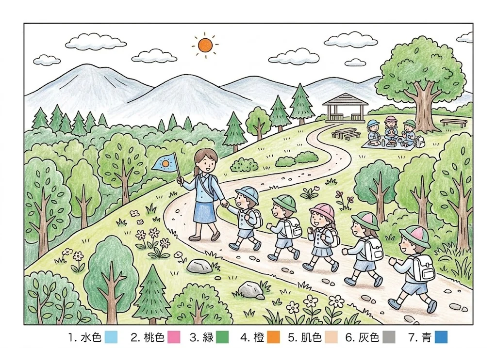 遠足の塗り絵 完成見本（彩色の見本）