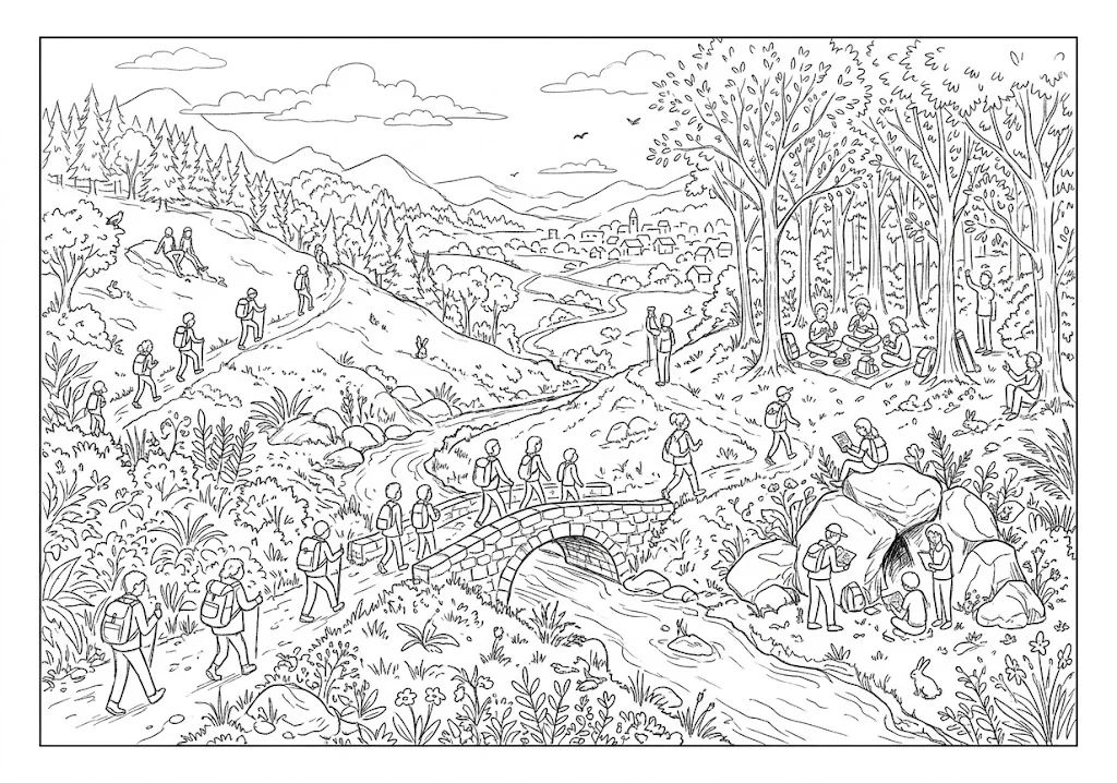 高齢者向け無料塗り絵：お弁当を持って仲間と歩く、わくわくする遠足（脳トレ・A4印刷用）