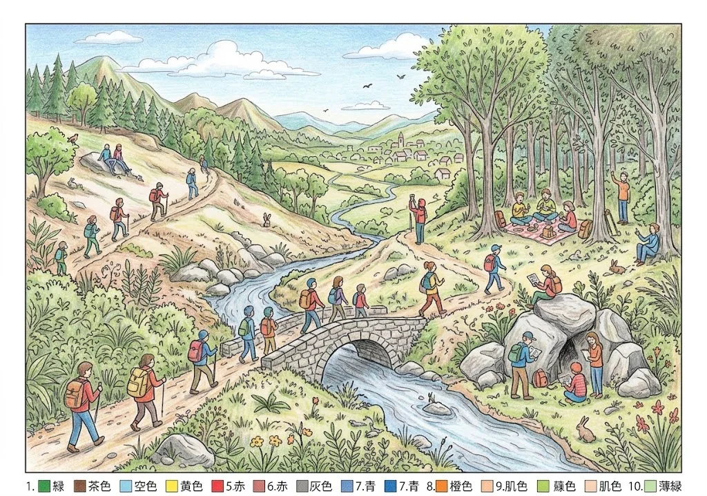 遠足の塗り絵 完成見本（彩色の見本）