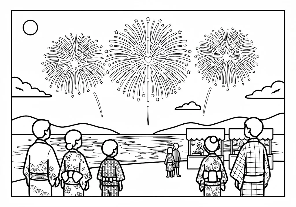 高齢者向け無料塗り絵：浴衣姿の家族が夜空に上がる大輪の花火を見上げる、花火大会（脳トレ・A4印刷用）