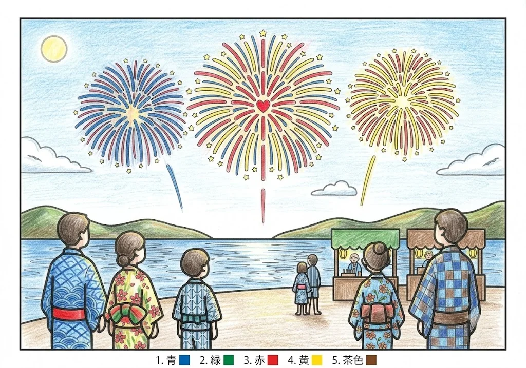 花火大会の塗り絵 完成見本（彩色の見本）