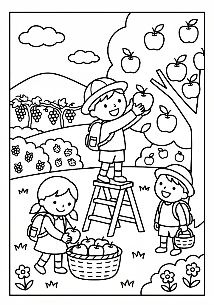 高齢者向け無料塗り絵：りんごやぶどうがたわわに実る秋の果樹園、家族で楽しむ果物狩り（脳トレ・A4印刷用）