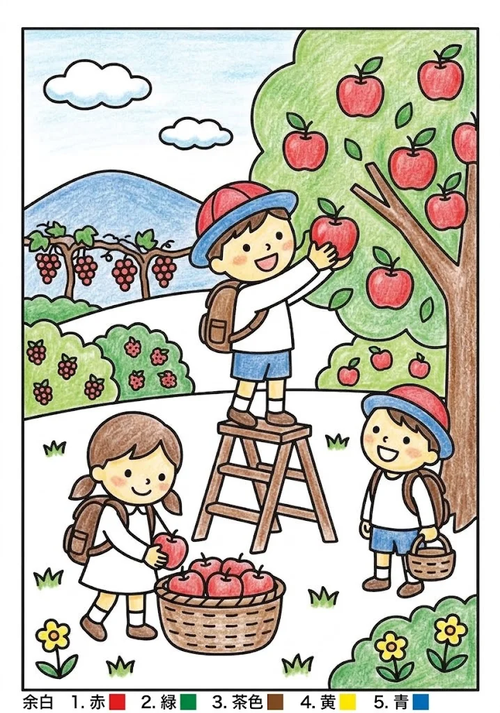 果物狩りの塗り絵 完成見本（彩色の見本）