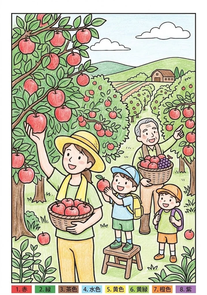 果物狩りの塗り絵 完成見本（彩色の見本）