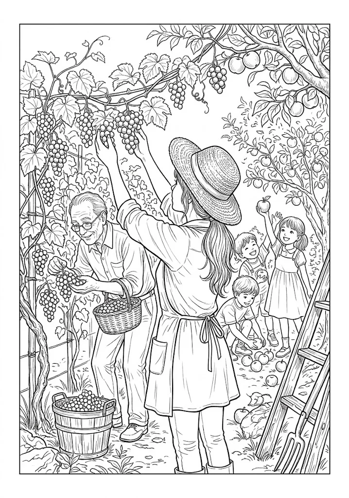 高齢者向け無料塗り絵：りんごやぶどうがたわわに実る秋の果樹園、家族で楽しむ果物狩り（脳トレ・A4印刷用）