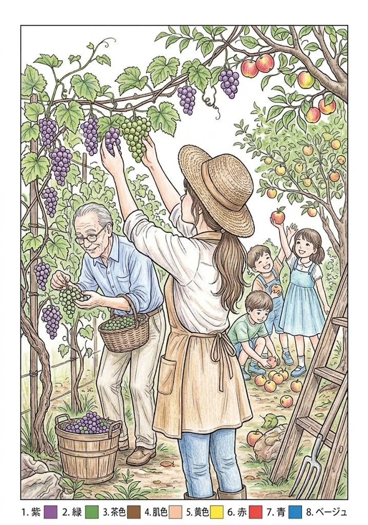 果物狩りの塗り絵 完成見本（彩色の見本）