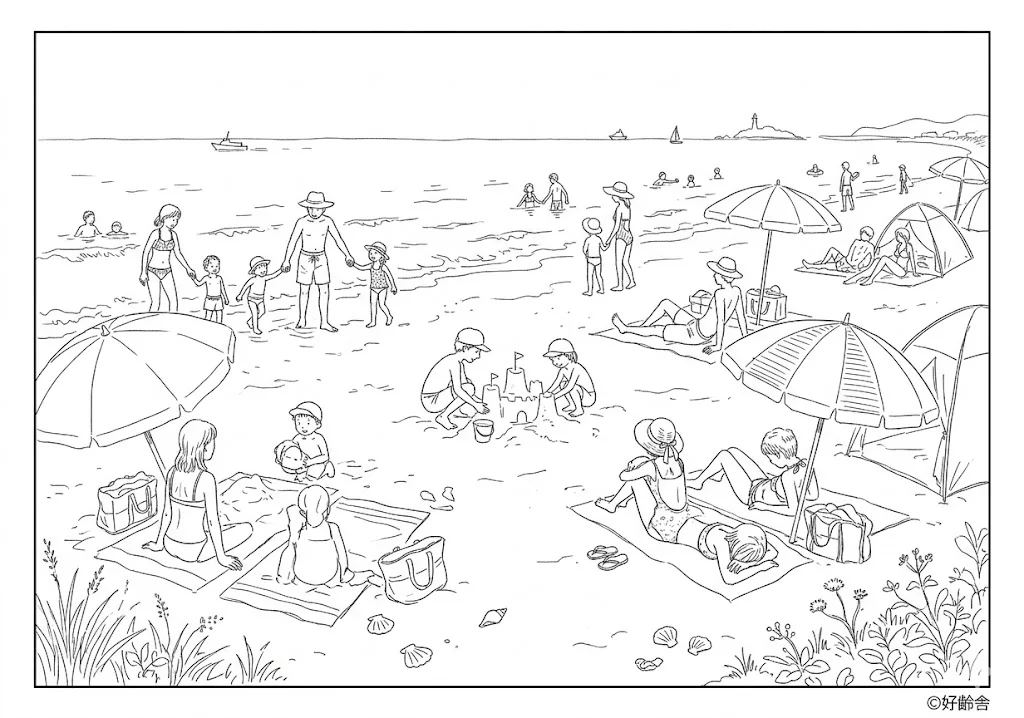 高齢者向け無料塗り絵：心地よい潮風を感じながら、夏の爽やかな砂浜を満喫する（脳トレ・A4印刷用）