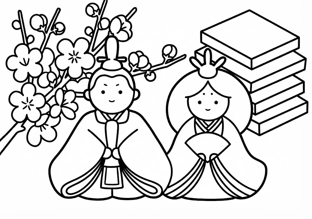 高齢者向け無料塗り絵：女の子の健やかな成長を願う、華やかなひな祭りの雛人形（脳トレ・A4印刷用）