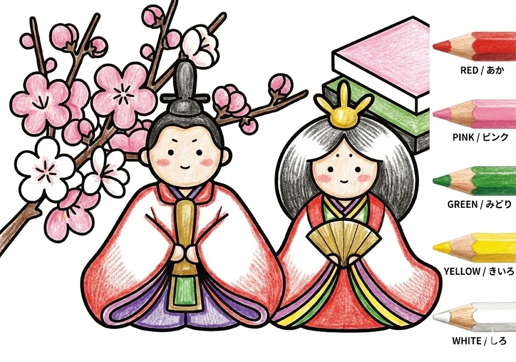 ひな祭りの塗り絵 完成見本（彩色の見本）