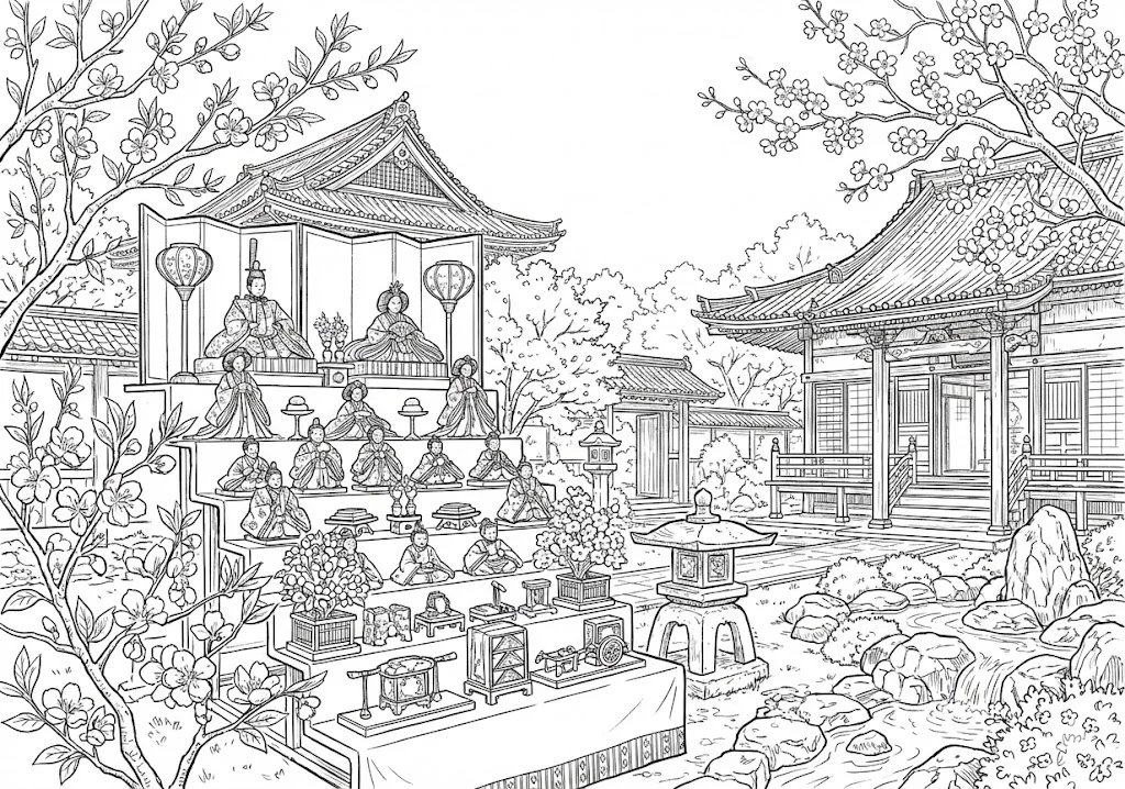 高齢者向け無料塗り絵：女の子の健やかな成長を願う、華やかなひな祭りの雛人形（脳トレ・A4印刷用）