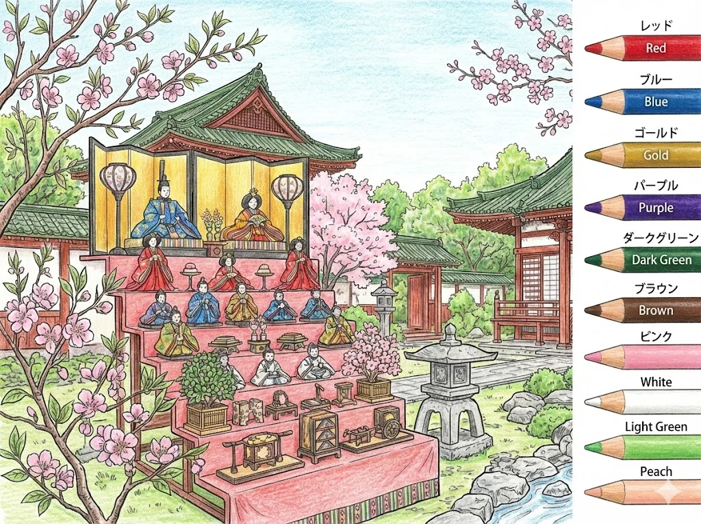 ひな祭りの塗り絵 完成見本（彩色の見本）
