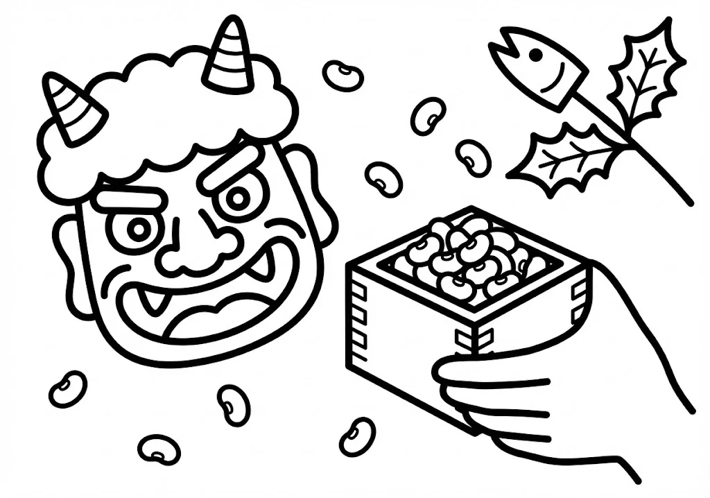 高齢者向け無料塗り絵：元気いっぱいに豆をまく、節分の楽しい風景（脳トレ・A4印刷用）