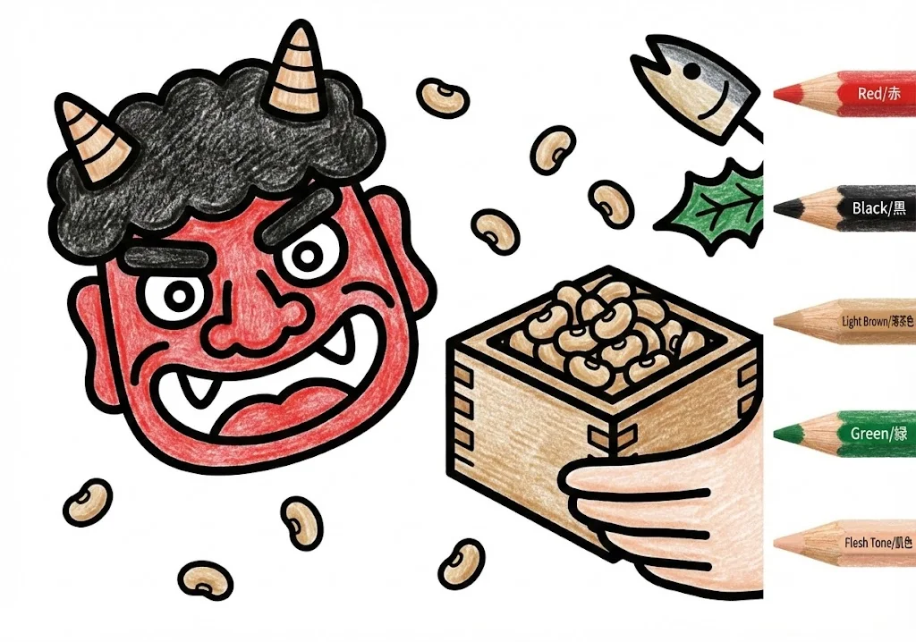 豆まきの塗り絵 完成見本（彩色の見本）