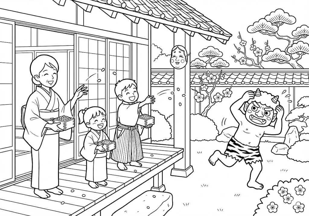 高齢者向け無料塗り絵：元気いっぱいに豆をまく、節分の楽しい風景（脳トレ・A4印刷用）