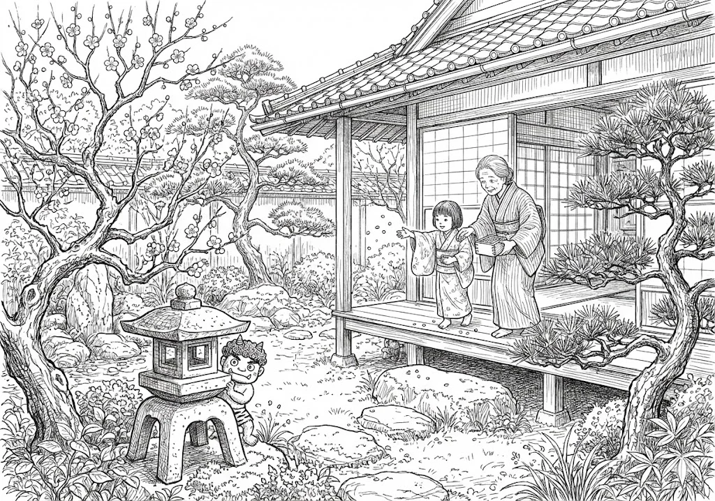 高齢者向け無料塗り絵：元気いっぱいに豆をまく、節分の楽しい風景（脳トレ・A4印刷用）