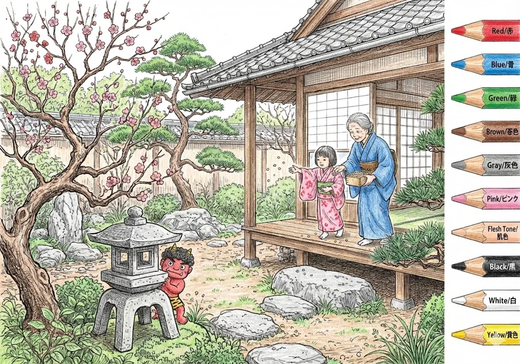 豆まきの塗り絵 完成見本（彩色の見本）