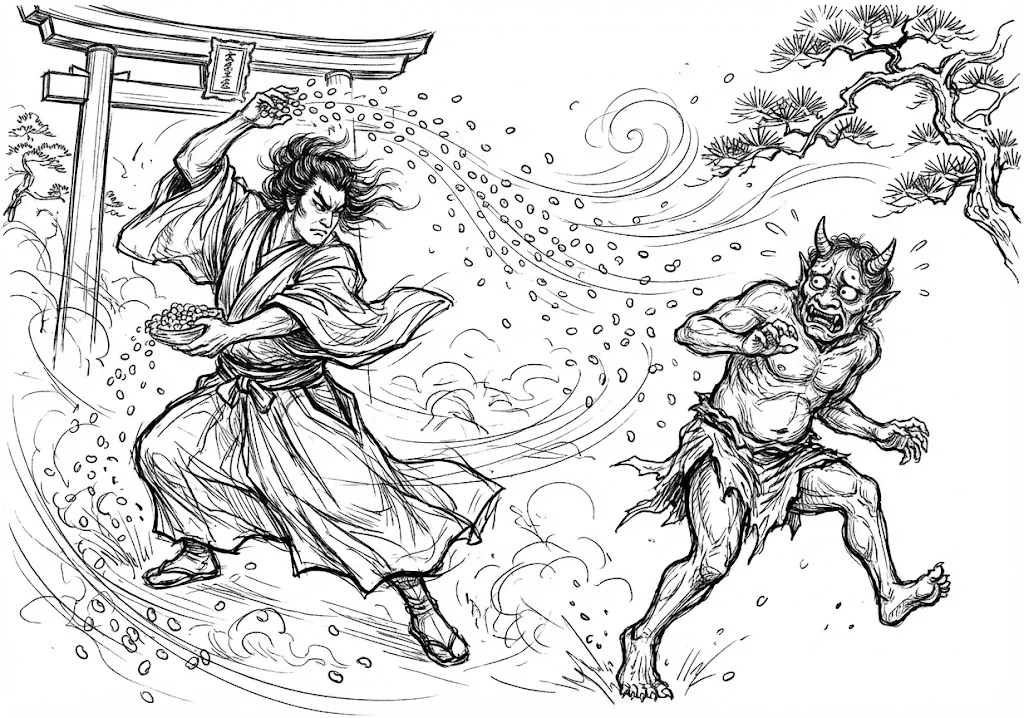 高齢者向け無料塗り絵：元気いっぱいに豆をまく、節分の楽しい風景（脳トレ・A4印刷用）