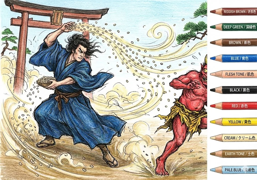 豆まきの塗り絵 完成見本（彩色の見本）