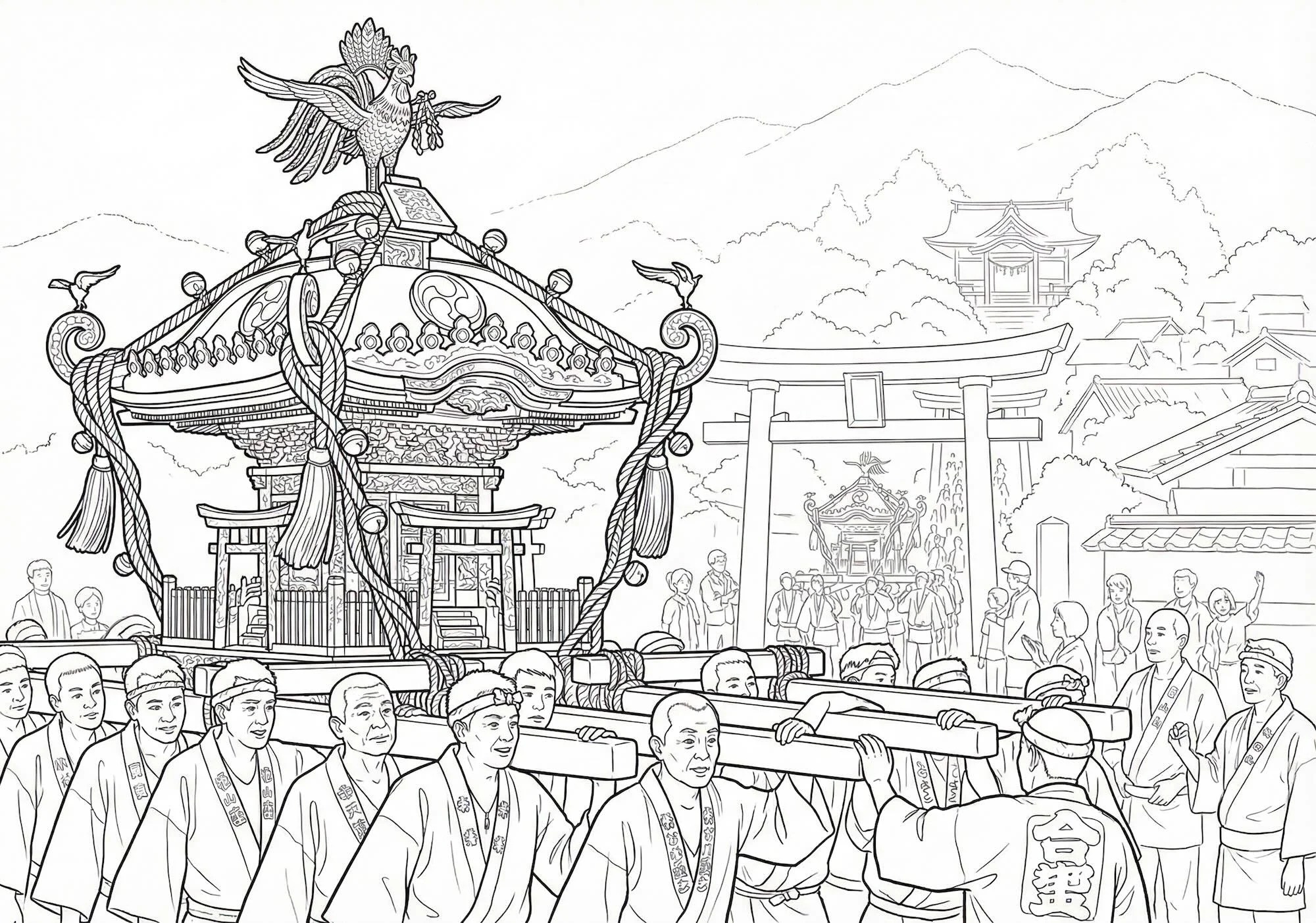高齢者向け無料塗り絵：威勢の良い掛け声が聞こえてきそうな、お祭りの主役・お神輿（脳トレ・A4印刷用）