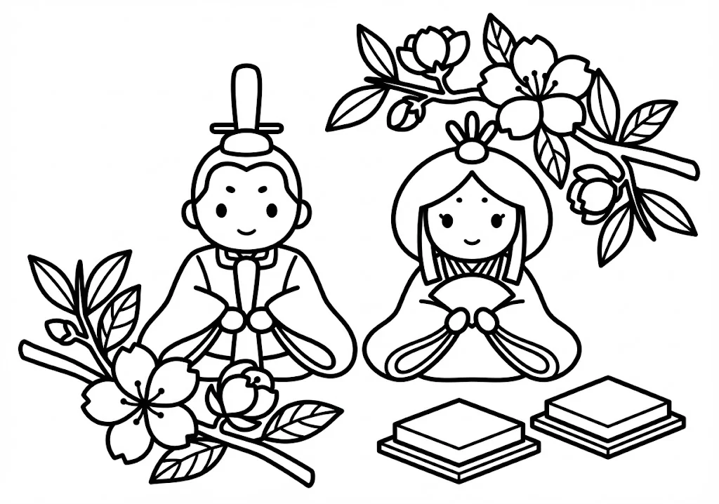 高齢者向け無料塗り絵：春の訪れを感じる、美しい桃の花とひな飾り（脳トレ・A4印刷用）