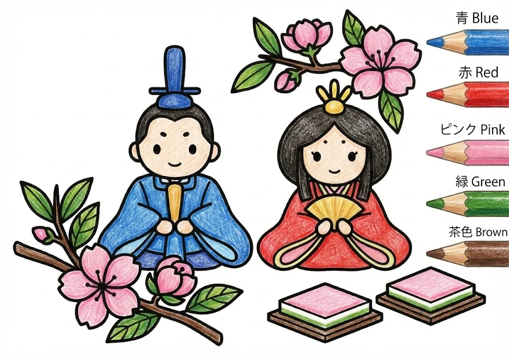 桃の節句の塗り絵 完成見本（彩色の見本）