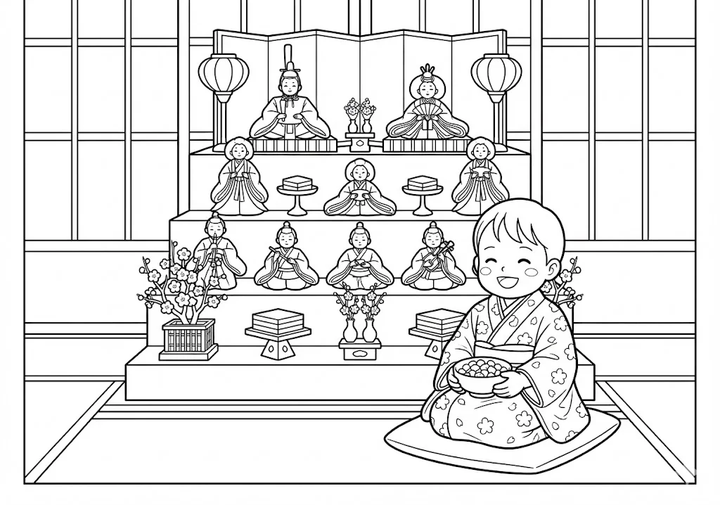 高齢者向け無料塗り絵：春の訪れを感じる、美しい桃の花とひな飾り（脳トレ・A4印刷用）