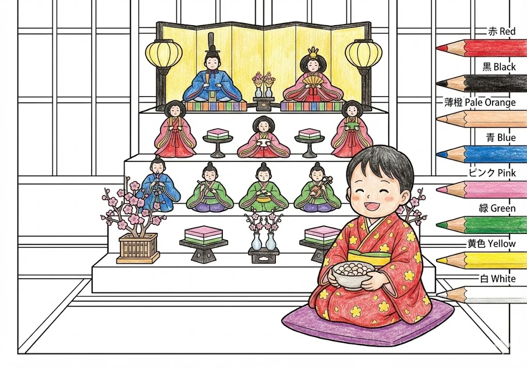 桃の節句の塗り絵 完成見本（彩色の見本）