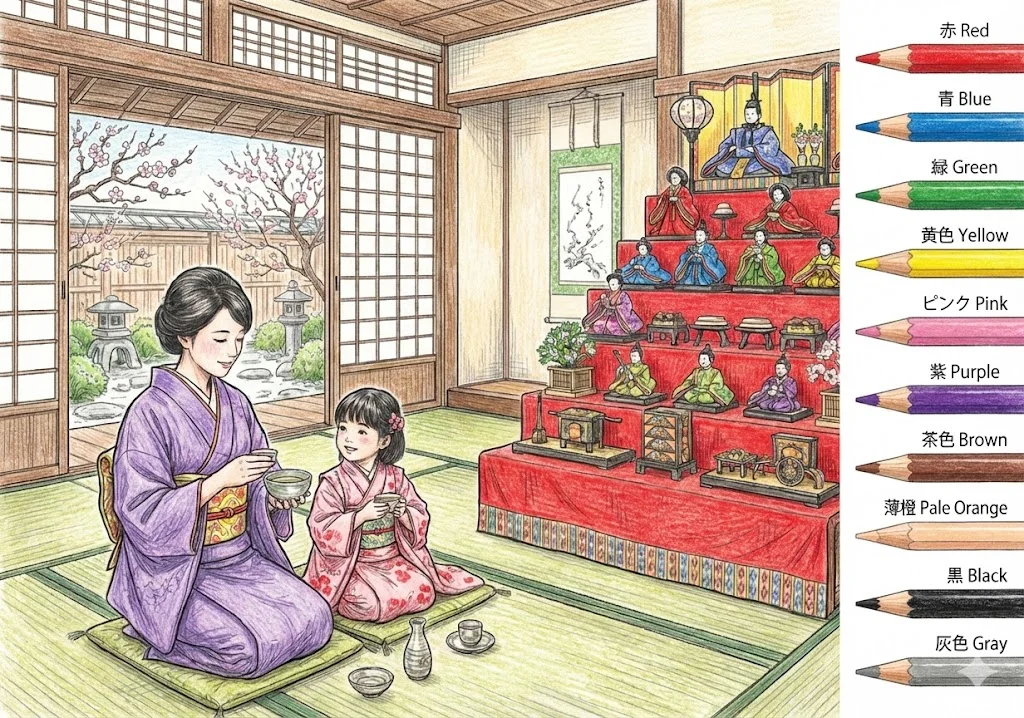 桃の節句の塗り絵 完成見本（彩色の見本）