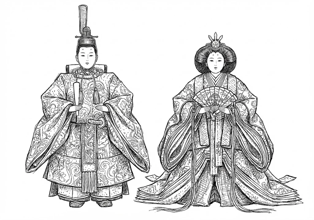 高齢者向け無料塗り絵：春の訪れを感じる、美しい桃の花とひな飾り（脳トレ・A4印刷用）