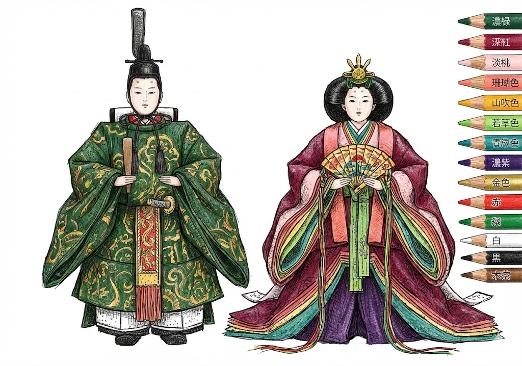 桃の節句の塗り絵 完成見本（彩色の見本）