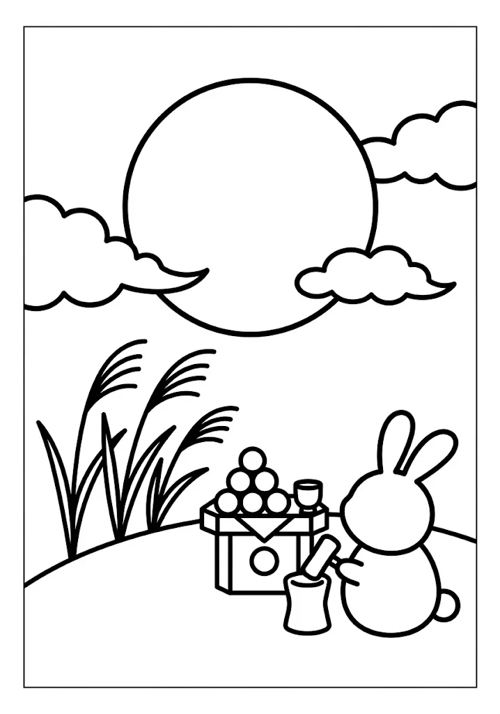 高齢者向け無料塗り絵：満月とすすきを背に、お団子をお供えしたうさぎの後ろ姿を描いたお月見、お月見（脳トレ・A4印刷用）