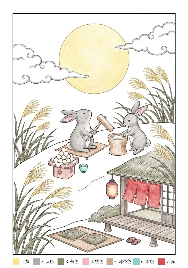 お月見の塗り絵 完成見本（彩色の見本）