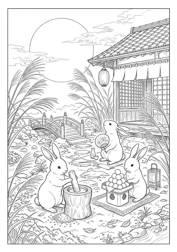 高齢者向け無料塗り絵：月夜の川辺で三匹のうさぎが餅つきをする、細部まで描き込んだお月見、お月見（脳トレ・A4印刷用）